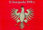 Wizerunek orła białego na czerwonym tle oraz daty 11 listopada 1918 r., 11 listopada 2018 r. 
